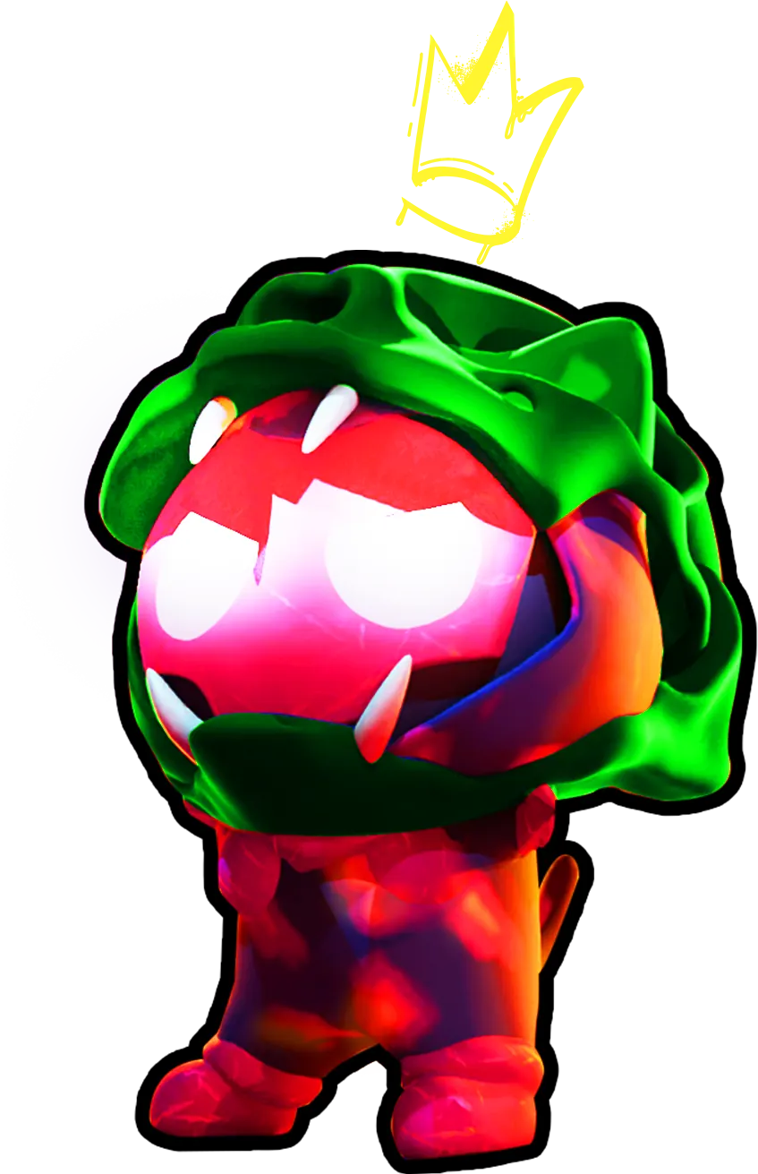 D.K., the boss: a red cat with a green leafy head, fangs bared, glowing eyes