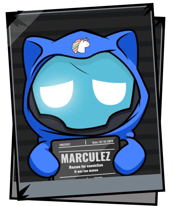 Marculez, a blue hooded cat with a unicorn patch, holding his mugshot board