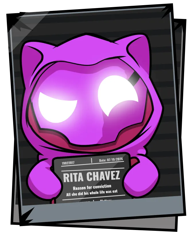 Rita Chavez, a purple hooded cat, holding her mugshot board