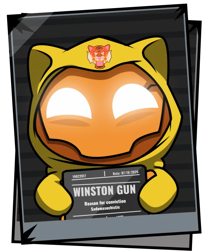 Winston Gun, a yellow hooded cat with an orange face, holding his mugshot board